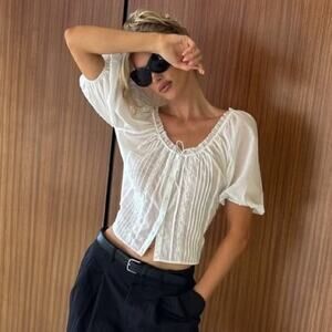 Helsa Voile Peasant Blouse Cotton Lace Button Puff Sleeve Top Ivory White